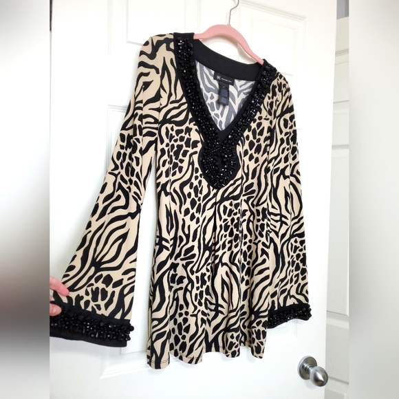 INC International Concepts animal print beaded tunic top shirt black beige S - Picture 6 of 12